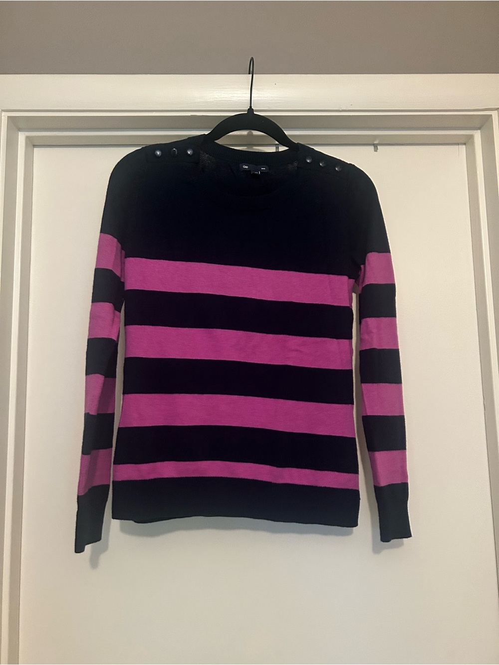 GAP Navy and Fuchsia Striped Long Sleeve Crewneck Sweater